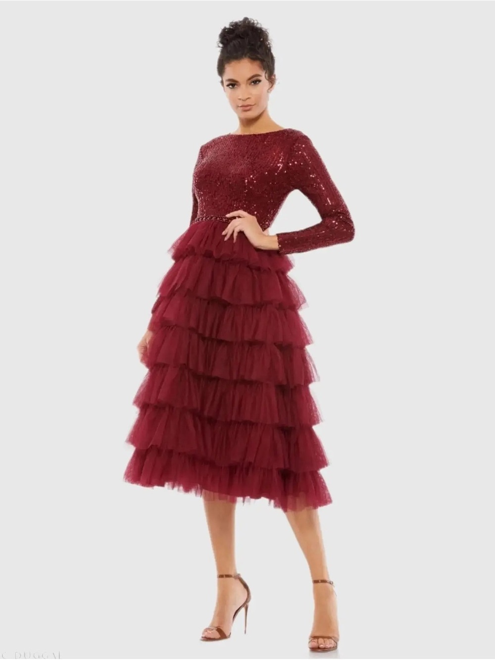 IEENA for Mac Duggal Style 26299 Burgundy Sequin Bodice Tiered Tulle Midi Dress